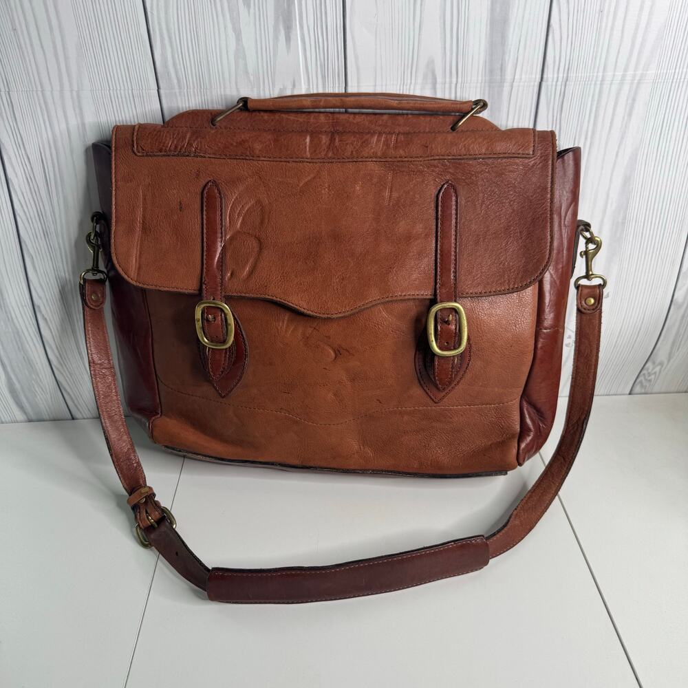 Vintage 1990s  Brown Leather Work Bag 17x14 Briefcase Distressed Worn Brass
